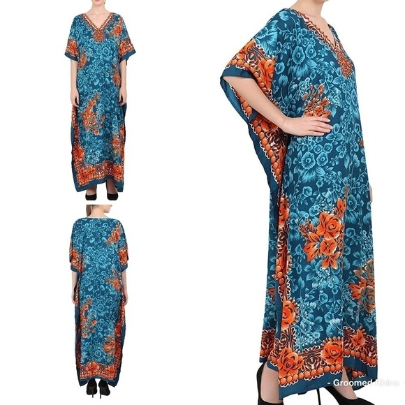 Miss Lavish London Teal Floral Kaftan Dress Size 14/16 - Picture 2 of 8